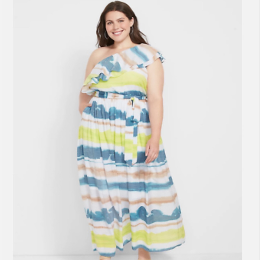 Lane Bryant Blue Green Asymmetrical One Shoulder Dress